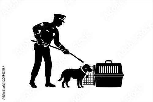 Foto Silhouette of a police officer using a leash with a search dog standing next to