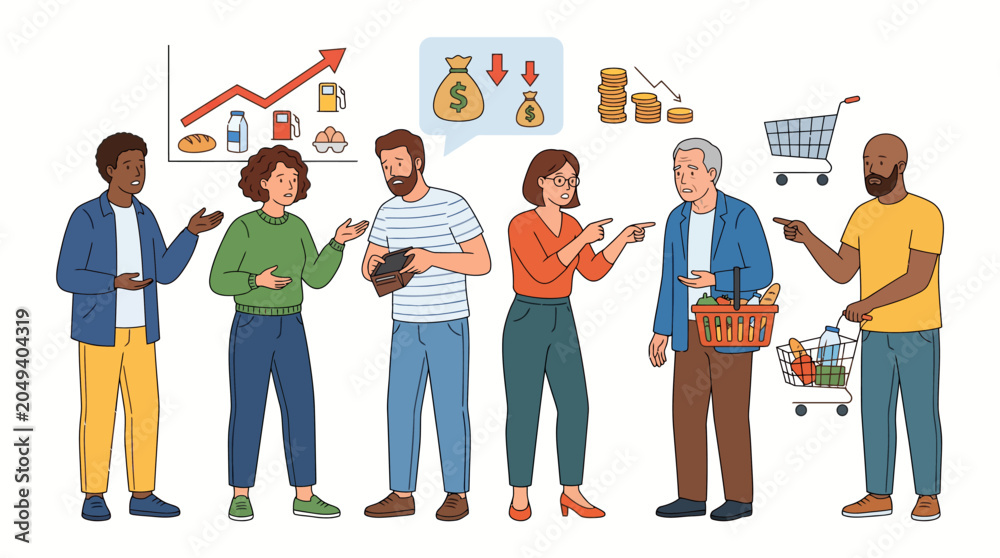 Obraz premium Illustration of diverse people standing in line, engaged with their mobile devices, surrounded by shopping and finance icons on a white background.