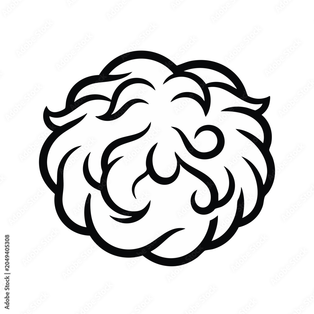 Fototapeta premium Fluffy wool clump vector illustration. Black and white line art of soft fiber ball. Cashmere, mohair, and textile raw material graphic