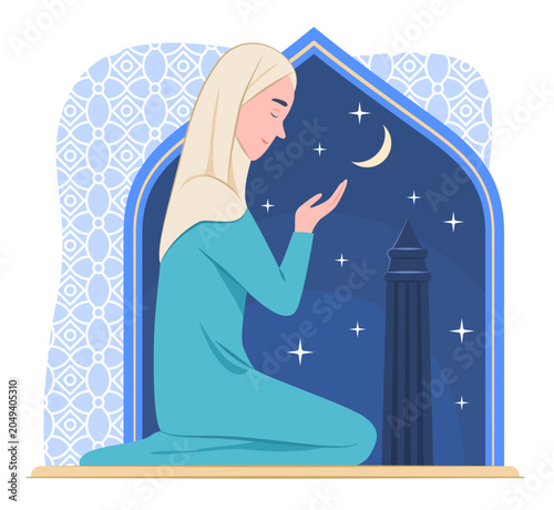 Muslim Woman Praying to the God in Mosque on Nighttime for Islamic Religious Ritual Concept Illustration Clip Art