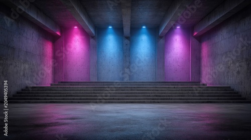 Concrete architectural space illuminated by contrasting magenta and cyan uplighting highlights wide steps