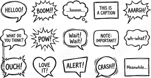 Hand drawn comic speech bubbles and sound effects collection for design projects