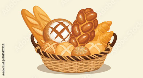 A wicker basket overflowing with assorted breads