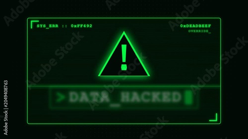 Animated retro digital screen shows 'DATA HACKED' system error warning