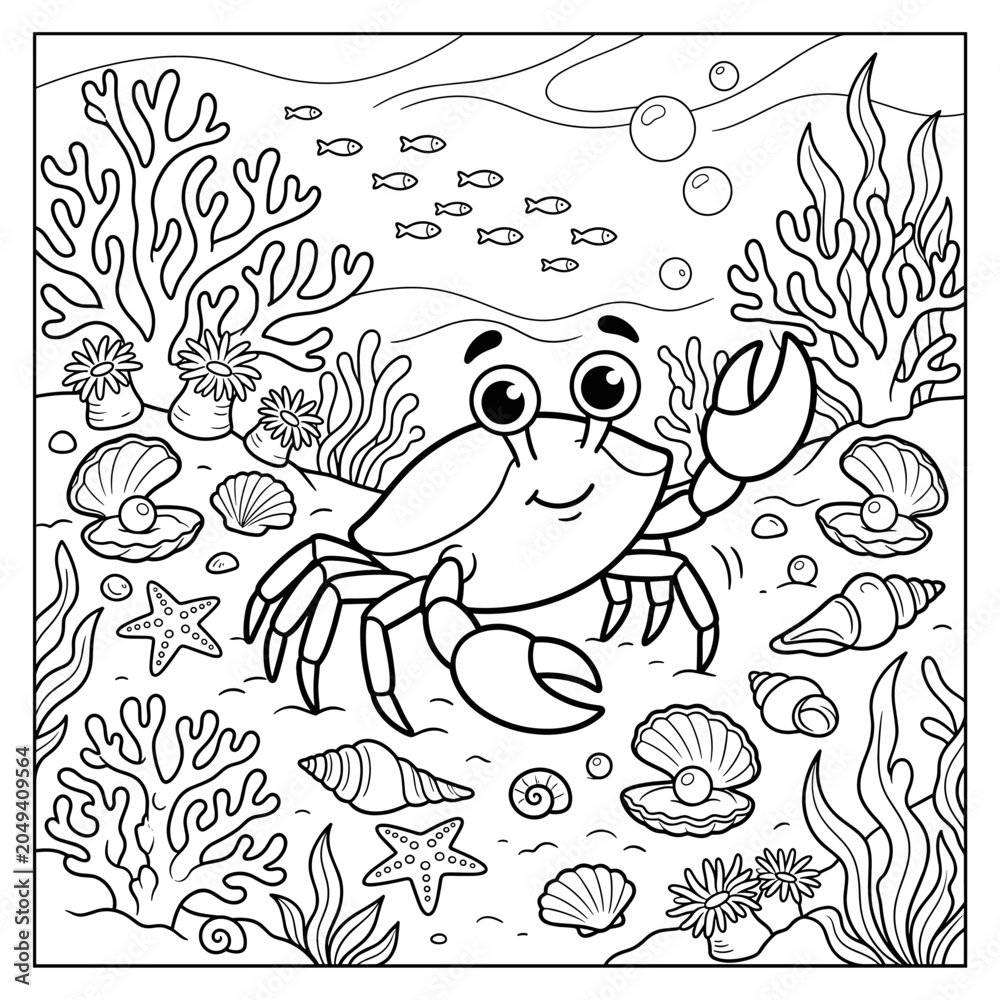 Fototapeta premium Cute Crab Underwater Coloring Page for Kids