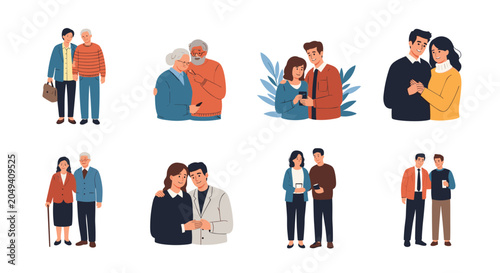 Diverse collection of couples of different ages, from young adults to elderly seniors, standing and walking together in a friendly group.