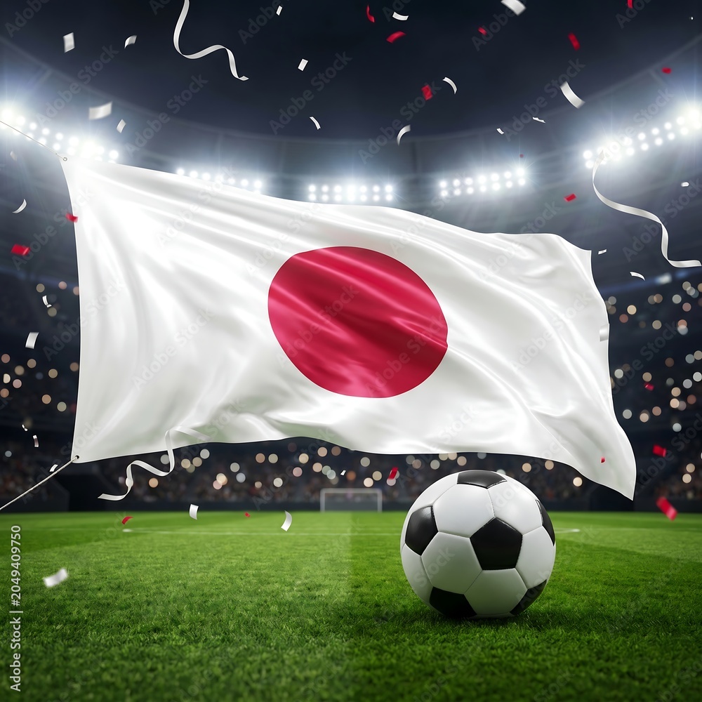 Naklejka premium Japan flag waving on soccer field with ball