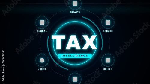 Futuristic tax intelligence digital HUD interface animation featuring glowing keywords for global finance and secure growth on a dark background.