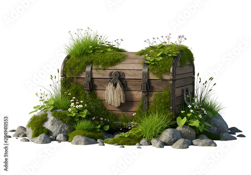 Rustic wooden bridge over small pond with lush greenery and rocks in natural setting on white background , Isolated on Transparent Background, PNG, Generative AI