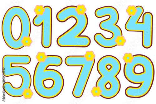 Cute Cartoon Number Icon Set Zero to Nine with Yellow Flower Ornaments