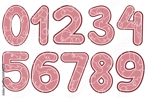 Pink Number Icon Set Zero to Nine with White Scribble Line Doodle