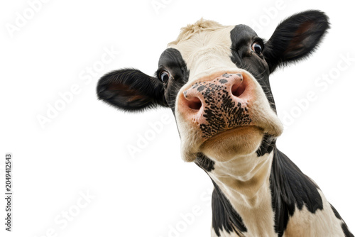 Funny close-up portrait of a curious black and white dairy cow looking directly into the camera, isolated on a clean white background. Expressive farm animal face with wide-angle perspective
