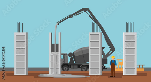 Cuadro en lienzo Construction Worker Overseeing Concrete Pouring into Column Forms with Mixer Tru