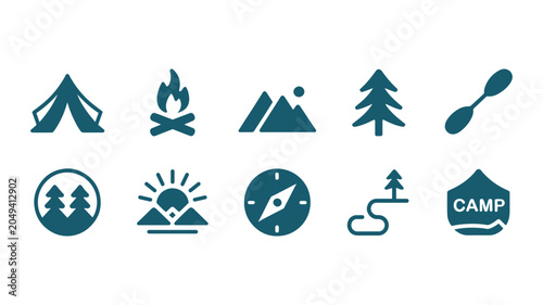 Bild auf Leinwand Flat Summer Camp Activity Icons – Tent, Fire, Mountain, Compass and Camp Badge V