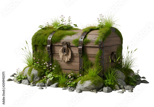 Ancient Wooden Chest Surrounded by Green Plants and Moss in Natural Setting on white background , Isolated on Transparent Background, PNG, Generative AI