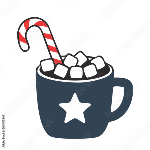 Hot chocolate mug with marshmallows and candy cane