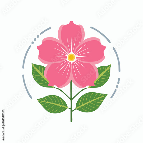 Pink Flower Illustration with Green Leaves and Decorative Circle