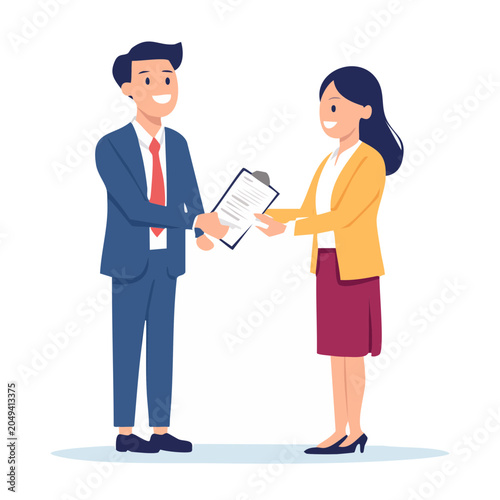Man and woman signing a document on a clipboard