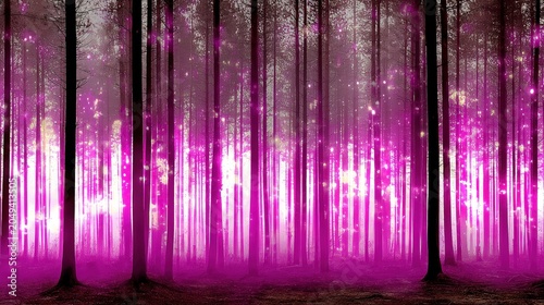 Enchanted Forest with Ethereal Pink Glow Under Mystical Atmosphere