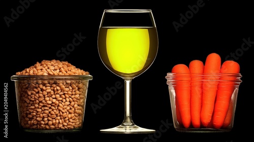 Fresh Ingredients in Glass Containers with a Glass of Olive Oil