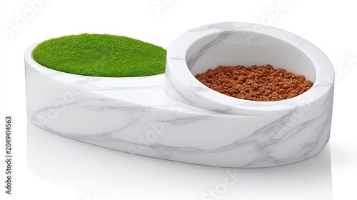 Stylish Modern Pet Bowl with Marble Design and Grass Area