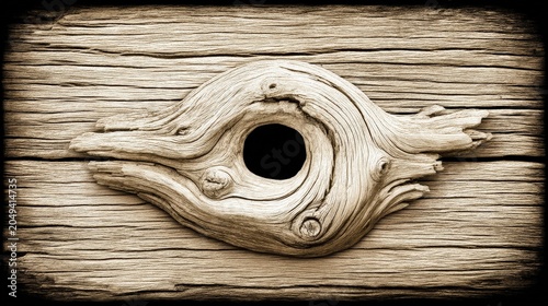 Unique Driftwood Texture with Circular Opening on Weathered Surface