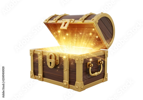 Open Treasure Chest with Glowing Gold Coins on white background , Isolated on Transparent Background, PNG, Generative AI