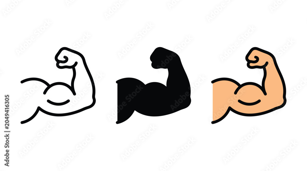 Naklejka premium Strong arm bicep muscle icon set featuring line art solid silhouette and color versions vector