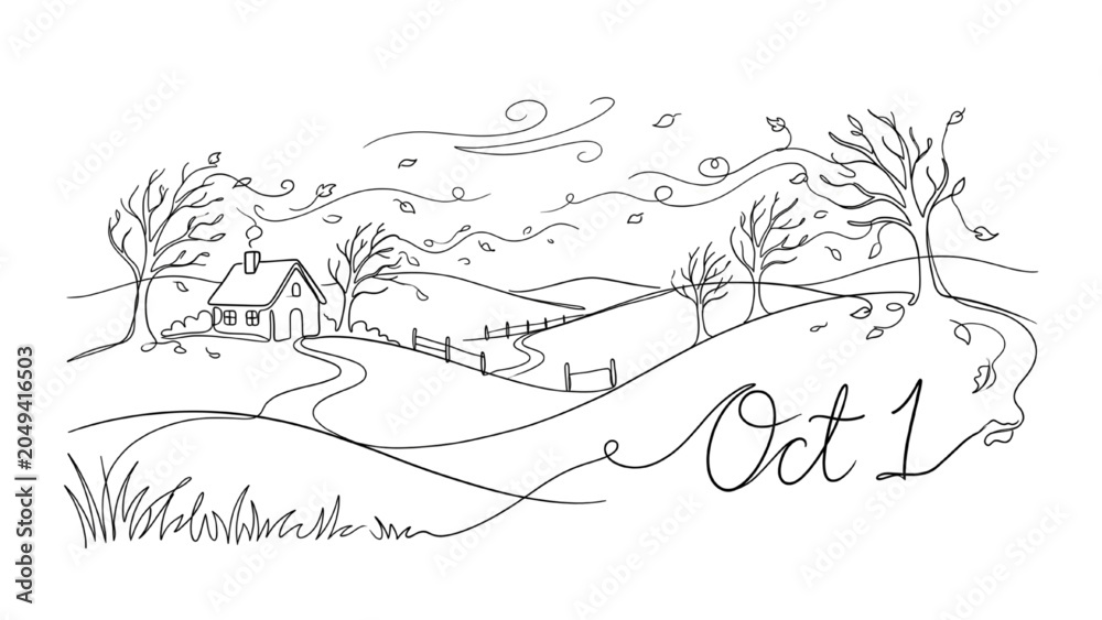 Obraz premium Continuous Line Art of Cozy Autumn Landscape with Falling Leaves and Trees Celebrating the First Day of October