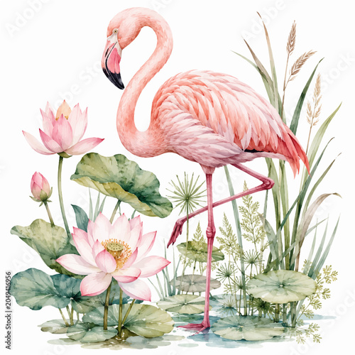 Watercolor Greater Flamingo with Lotus Flowers and Aquatic Plants Illustration