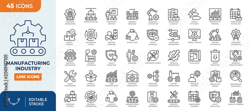 manufacturing industry icon set. Editable stroke. Vector illustration