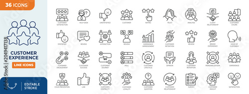 Customer experience icon set. Containing feedback, satisfaction, review, rating, survey, and more. Editable stroke. Vector illustration