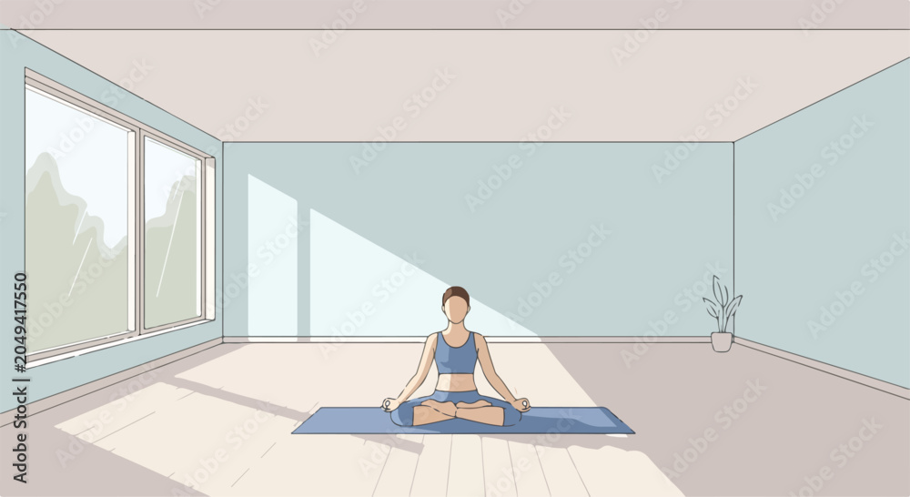 Obraz premium A woman meditates on a yoga mat in a serene room