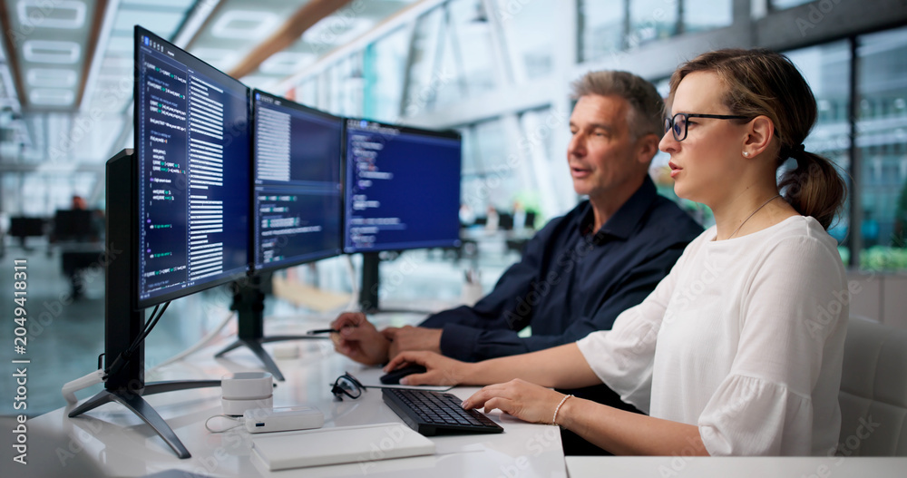 Naklejka premium Two Software Engineers Coding Secure Systems Together
