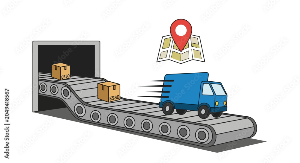 Naklejka premium Delivery Truck on Conveyor Belt with Map and Location Pin - Logistics Concept