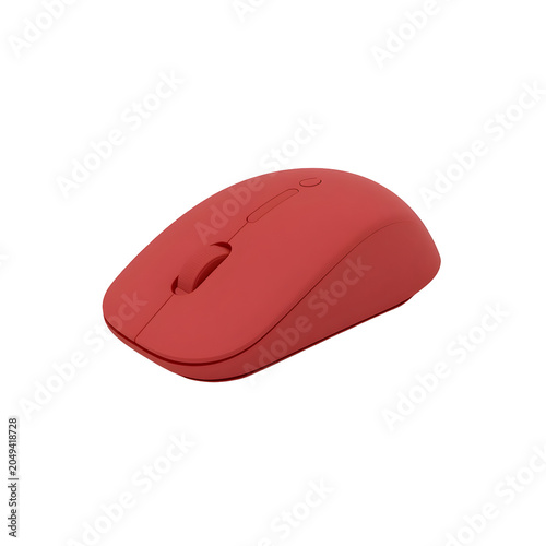 Red wireless computer mouse with ergonomic design and buttons on transparent background