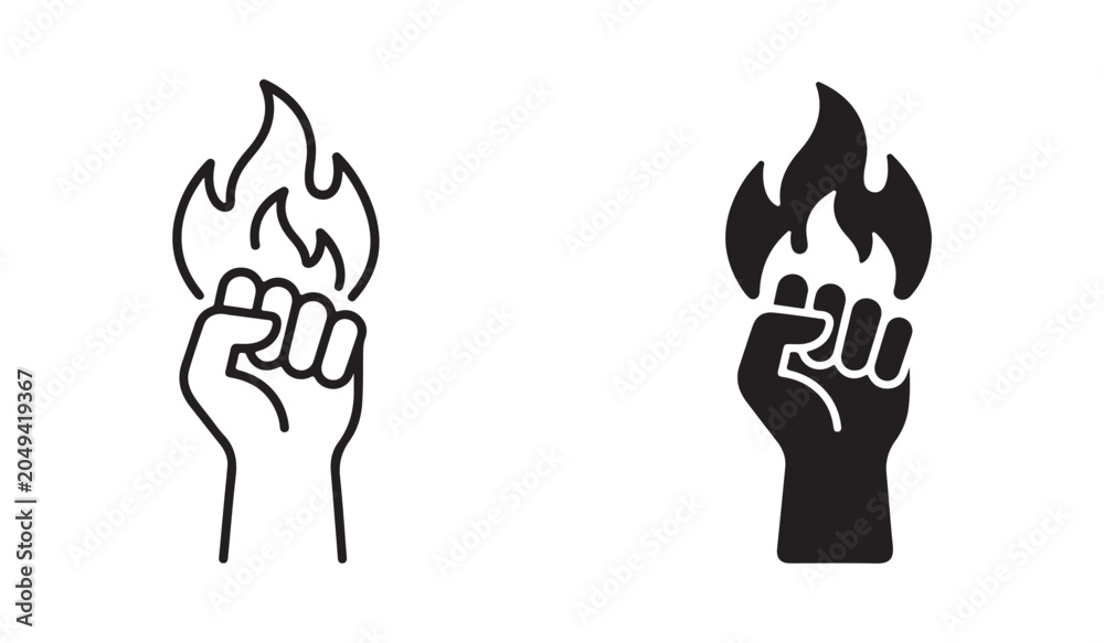 Fototapeta premium Flat design of strength icon with raised fist and flame symbols isolated on white background.