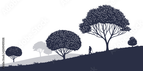 Fotografie Graphic silhouette of a person walking across a hillside landscape with multiple