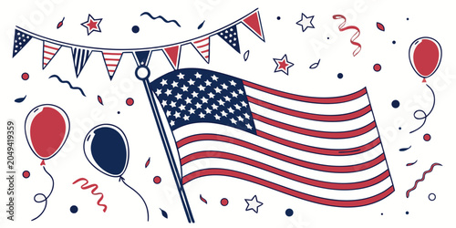 Hand-drawn american flag with patriotic balloons bunting stars confetti for national celebrations national holiday united states red white blue independence day july fourth veterans day