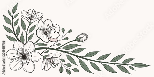 Photos Elegant hand drawn cherry blossom floral corner arrangement with arrangement bot