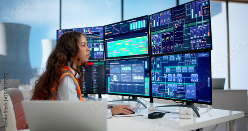 Obraz na plátne Young Hispanic Woman Engineer Is Checking Nuclear Plant Control