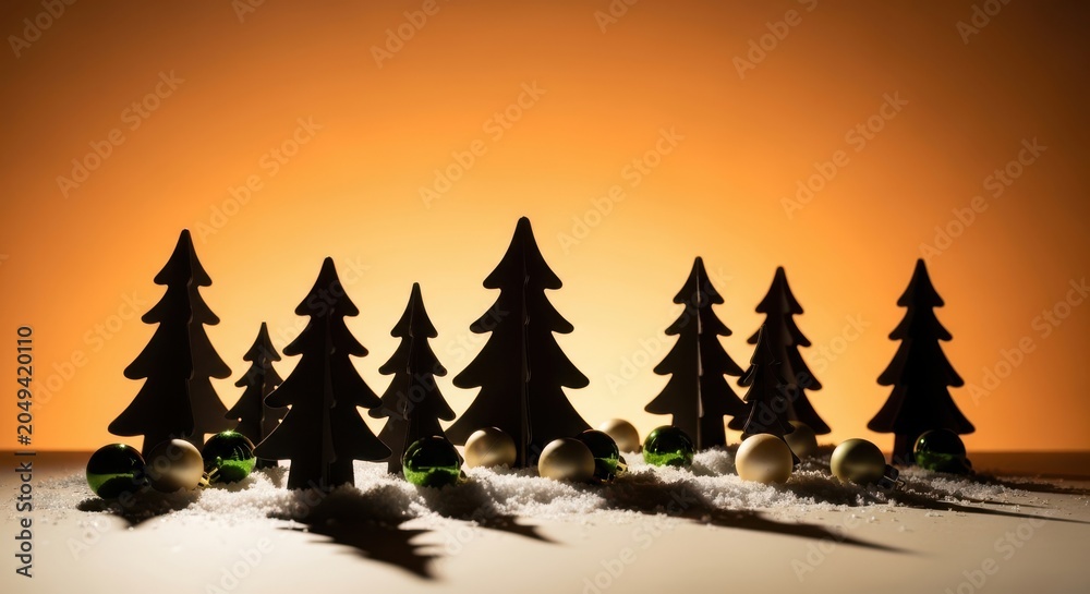 Obraz premium Miniature decorative christmas trees and ornaments on artificial snow against an orange background