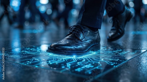 Businessman walking on glowing blue digital circuit floor tile in modern corporate lobby, close up of leather shoes for fintech and smart city infrastructure marketing