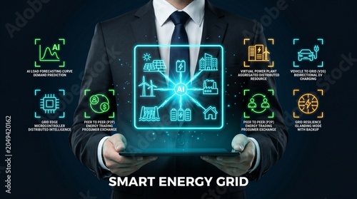 Businessman presenting smart energy grid concept on tablet device with icons