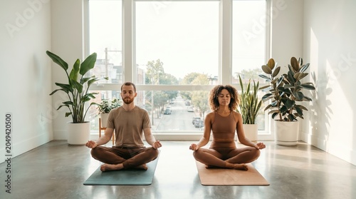 Diverse man and woman meditating in lotus pose on yoga mats in bright sunlit urban apartment for mental health and wellness lifestyle