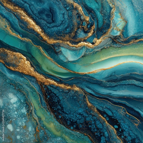 Abstract fluid motion displays rich teal and deep blue tones interspersed with sparkling metallic gold veins
