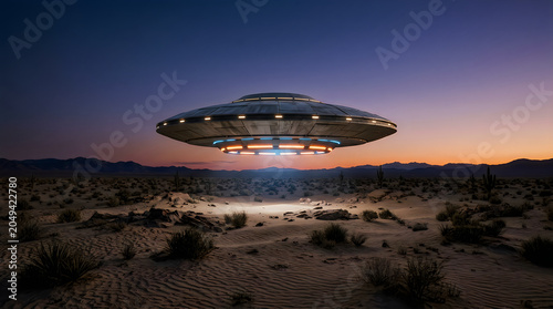 UFO hovering above barren desert landscape at dusk with illuminated ground and distant mountains.