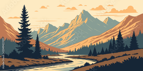 Scenic mountain range landscape with winding river and pine trees mountain landscape wilderness illustration tranquil environment adventure serenity peaceful mountains evergreen timberline