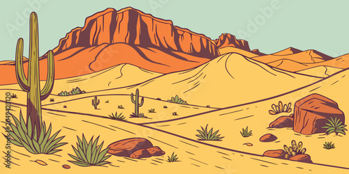 Stylized desert landscape featuring large mesas and cacti at sunset landscape mountains illustration outdoors wilderness environment adventure background dramatic wallpapers creative
