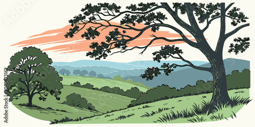 Hand drawn landscape illustration of rolling green hills and valley during sunset with landscape outdoors illustration countryside panoramic botanical environment vegetation topography